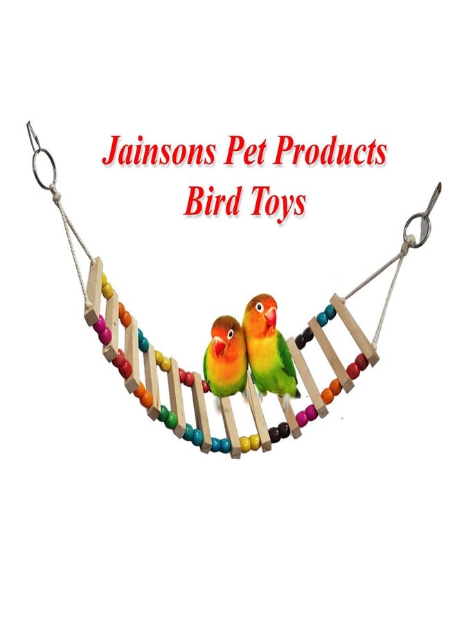 JAINSONS PET PRODUCTS منتجات جاينسونز للحيوانات الأليفة | لعبة جسر سلم خشبي ملون للطيور بطول 28 بوصة مع خرز وجرس | ملحق أرجوحة معلقة للببغاوات، والبادجي، وطيور الحب، والطيور الصغيرة - Image 4